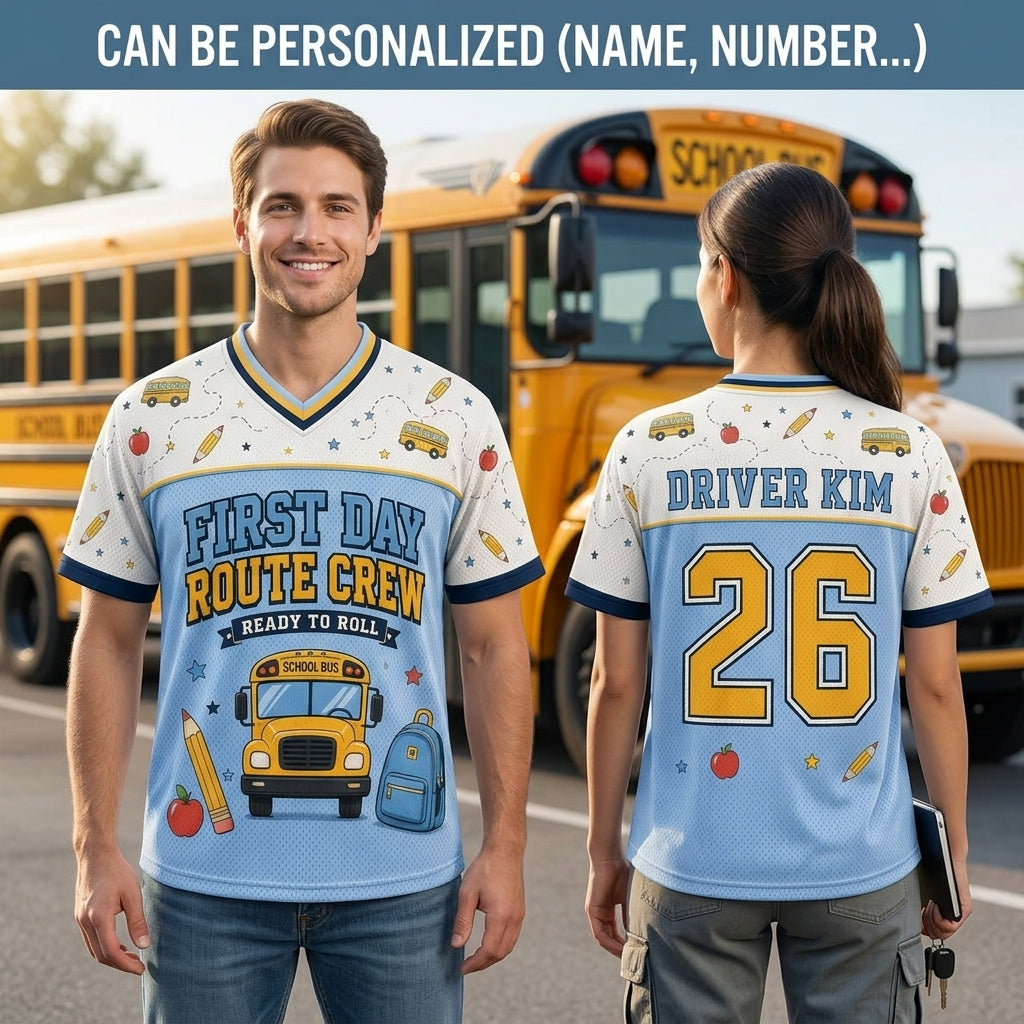 Personalized School Bus Driver Football Jersey - Custom Name & Number First Day Route Crew Mesh Shirt