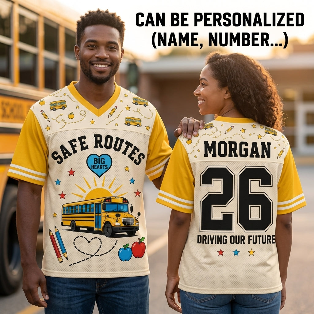 Personalized School Bus Driver Football Jersey - Custom Name & Number Mesh Shirt - Safe Routes Big Hearts