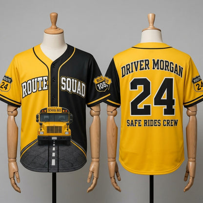 Personalized School Bus Driver Baseball Jersey - Custom Name & Route Number Route Squad Gift