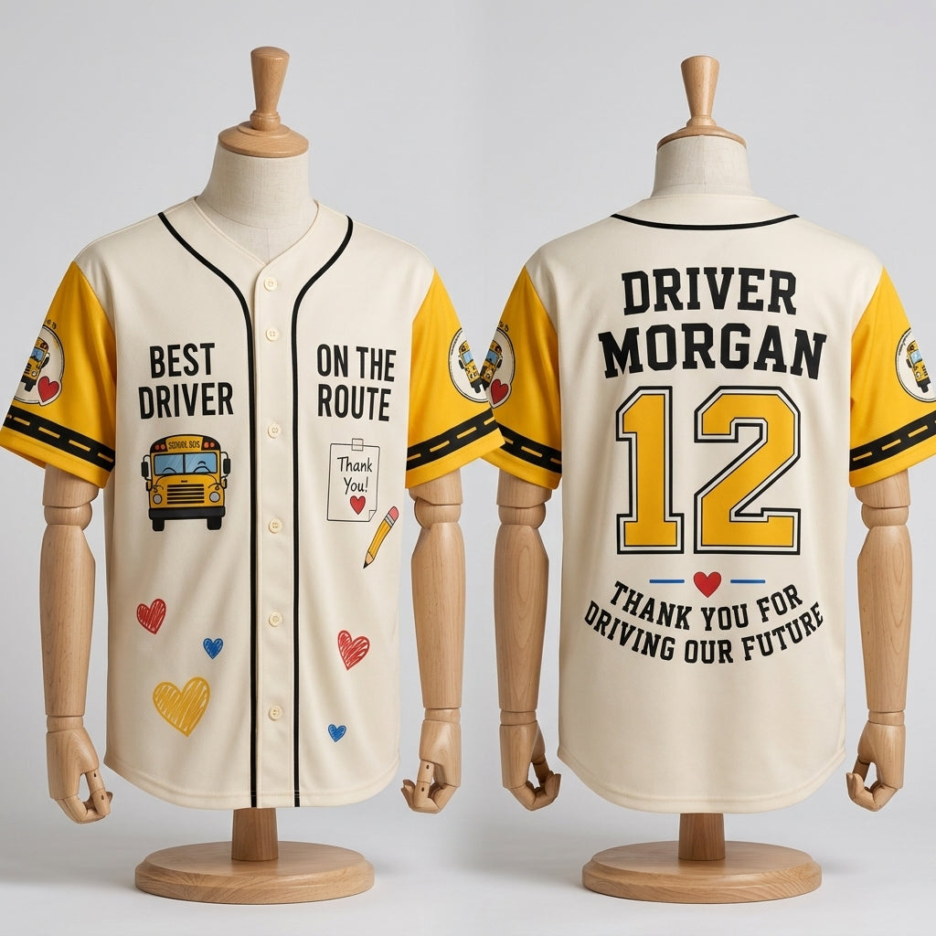 Personalized School Bus Driver Baseball Jersey - Custom Name & Number Appreciation Gift - Breathable Athletic Shirt
