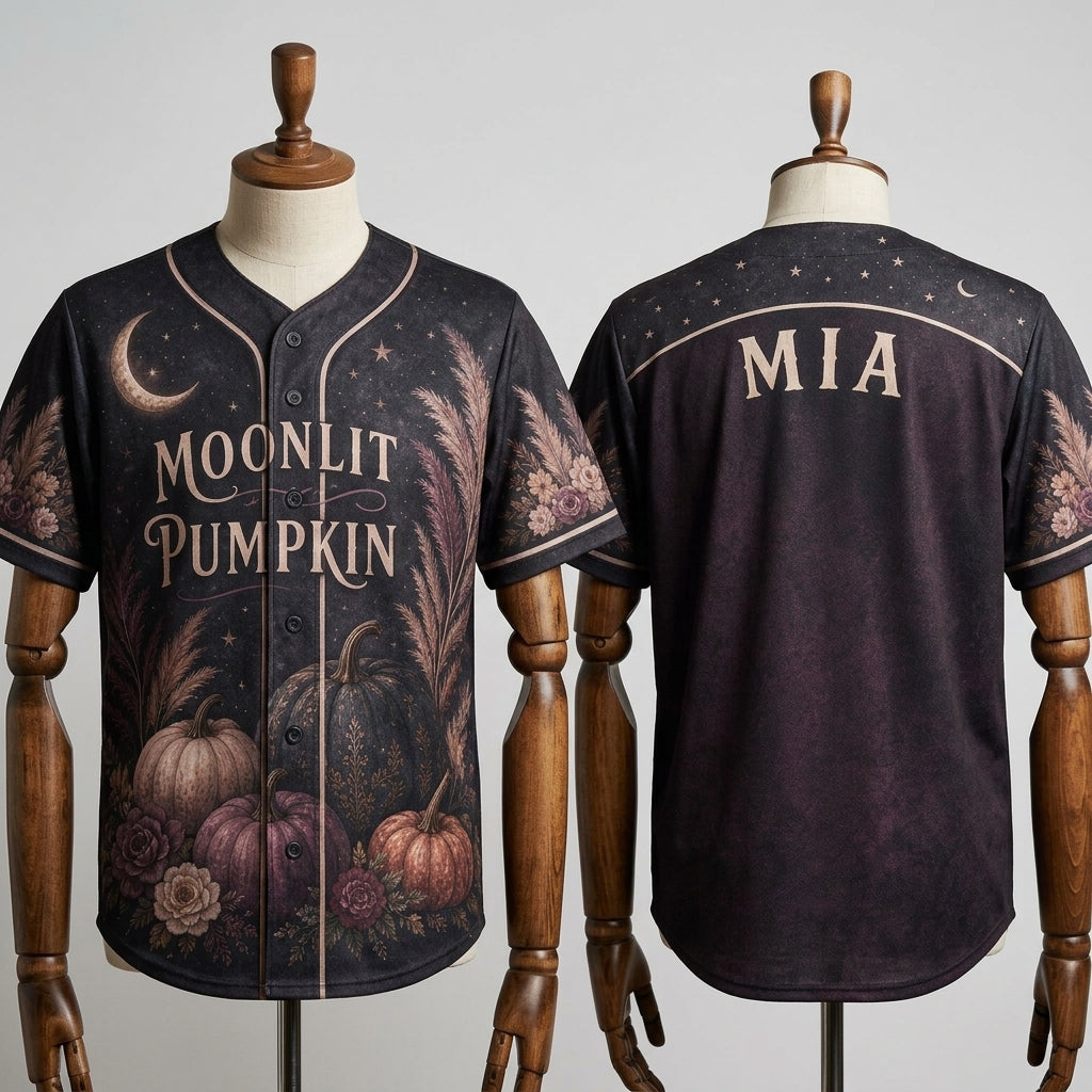 Personalized Moonlit Pumpkin Baseball Jersey - Custom Name Moody Floral Autumn Celestial Sporty Shirt