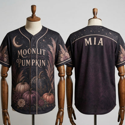 Personalized Moonlit Pumpkin Baseball Jersey - Custom Name Moody Floral Autumn Celestial Sporty Shirt