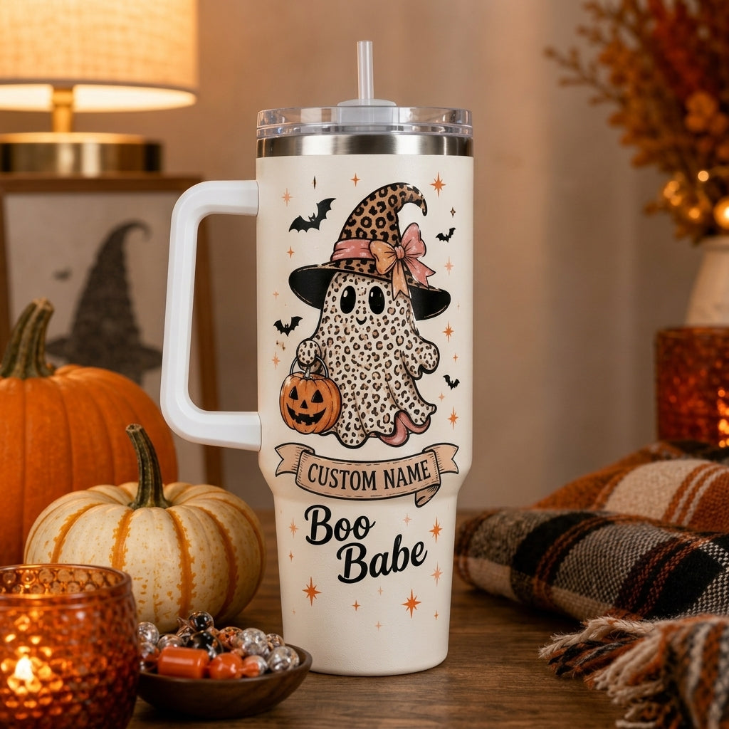 Personalized Boo Babe Halloween 40oz Tumbler with Handle - Custom Leopard Print Ghost Gift