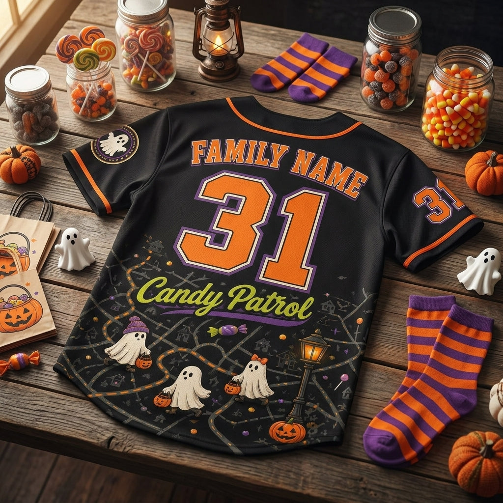 Personalized Halloween Baseball Jersey - Custom Family Name Treat Crew Ghost & Pumpkin Candy Patrol Jersey