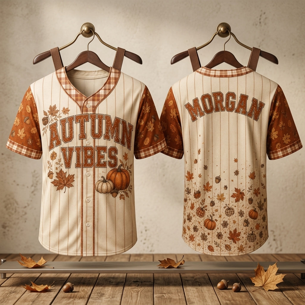 Personalized Autumn Vibes Fall Baseball Jersey - Custom Name Pumpkin & Leaf Print Button Down