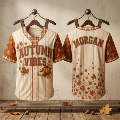 Personalized Autumn Vibes Fall Baseball Jersey - Custom Name Pumpkin & Leaf Print Button Down