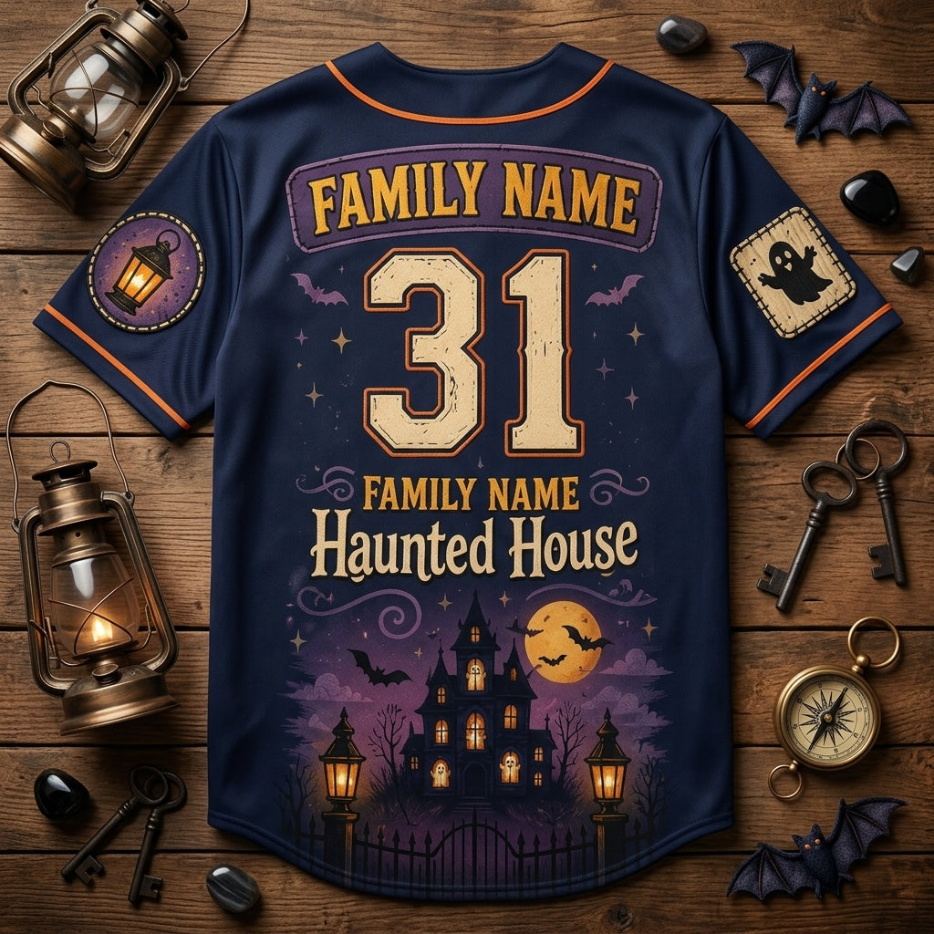 Personalized Haunted House Family Night Baseball Jersey - Custom Spooky Halloween Family Team Uniform