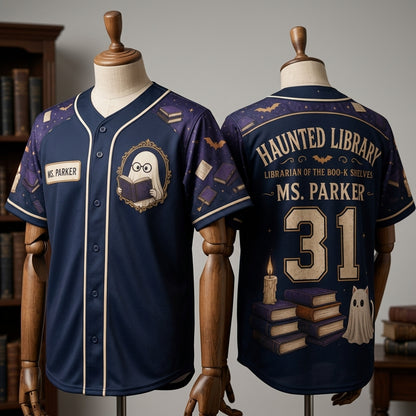 Personalized Haunted Library Baseball Jersey - Custom Ghost Librarian of the Boo-k Shelves Shirt