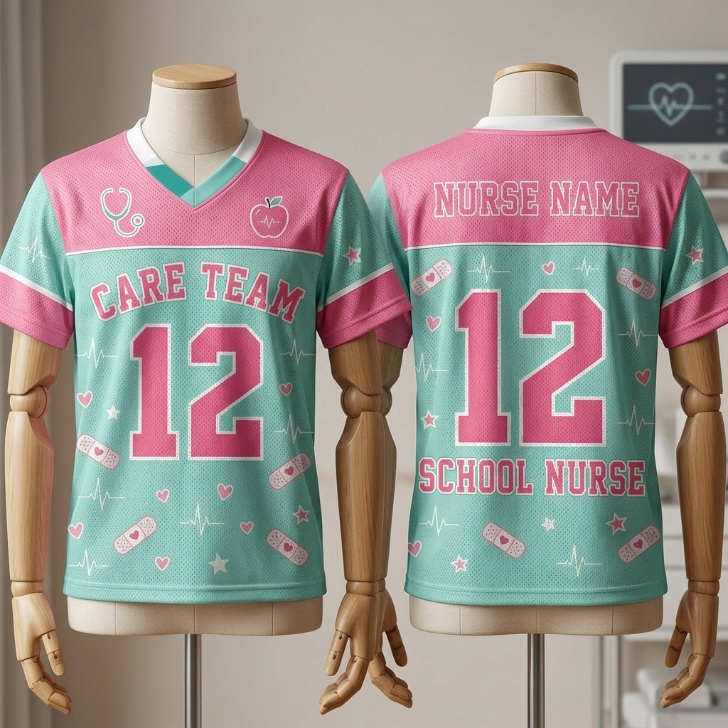 Personalized School Nurse Mesh Football Jersey - Custom Care Team Healthcare Spirit Shirt for Pediatric Nurses