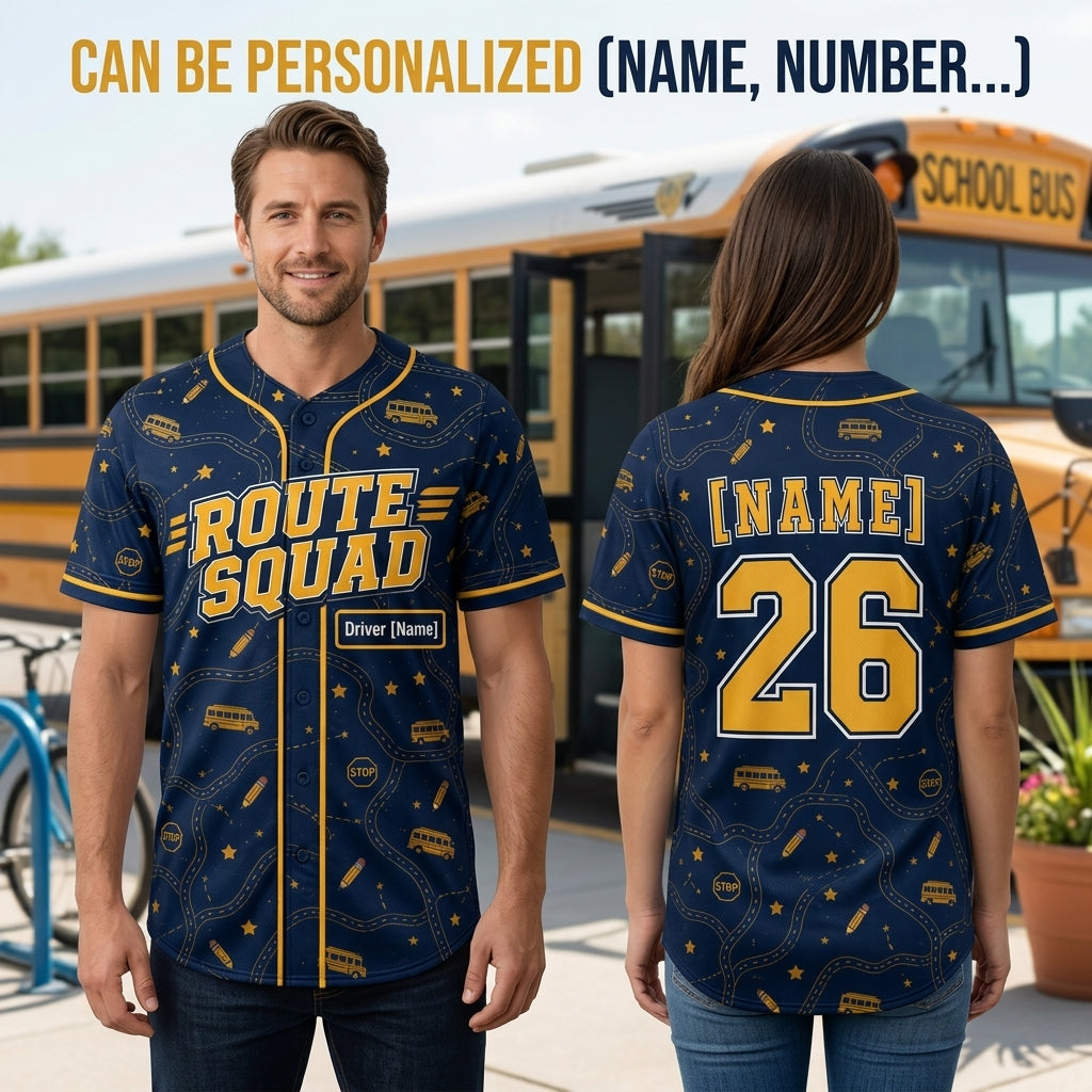 Personalized School Bus Driver Route Squad Baseball Jersey - Custom Name and Number Navy Gold Uniform