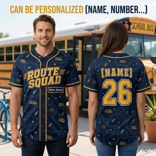 Personalized School Bus Driver Route Squad Baseball Jersey - Custom Name and Number Navy Gold Uniform