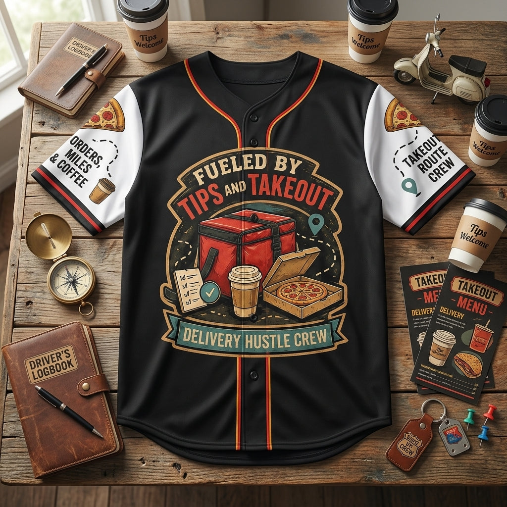 Personalized Delivery Driver Baseball Jersey - Custom Name Fueled By Tips and Takeout Courier Apparel