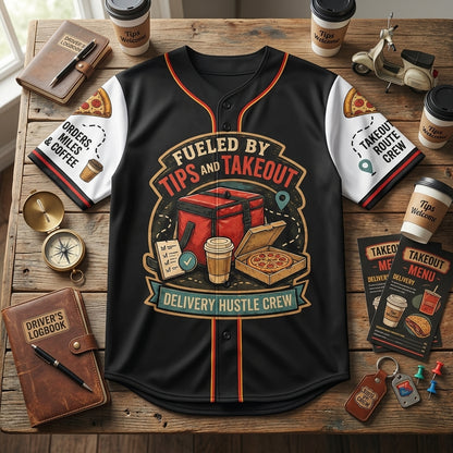 Personalized Delivery Driver Baseball Jersey - Custom Name Fueled By Tips and Takeout Courier Apparel