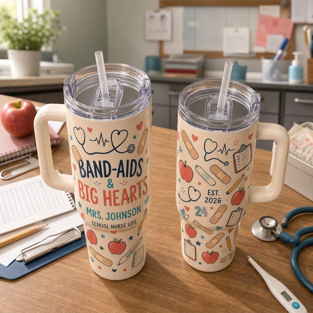 Personalized Band-Aids & Big Hearts School Nurse 40oz Tumbler with Handle - Custom Name Gift