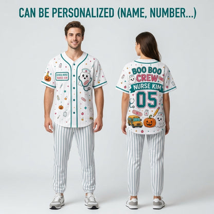 Personalized Boo Boo Crew School Nurse Baseball Jersey - Custom Name Ghost Halloween Jersey Gift