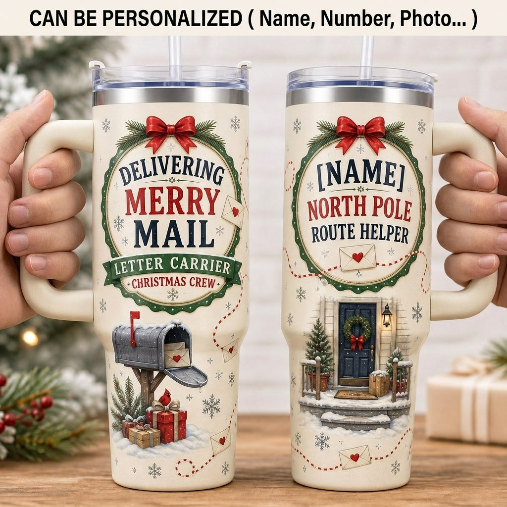 Personalized Delivering Merry Mail 40oz Tumbler with Handle - Custom Postal Worker Christmas Gift North Pole Route Helper