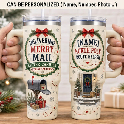 Personalized Delivering Merry Mail 40oz Tumbler with Handle - Custom Postal Worker Christmas Gift North Pole Route Helper