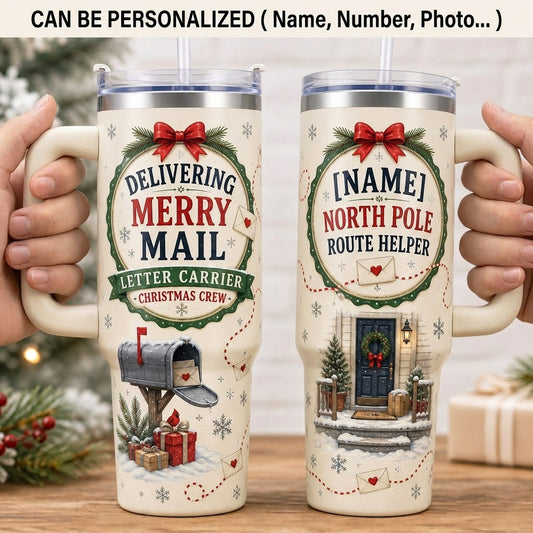 Personalized Delivering Merry Mail 40oz Tumbler with Handle - Custom Postal Worker Christmas Gift North Pole Route Helper