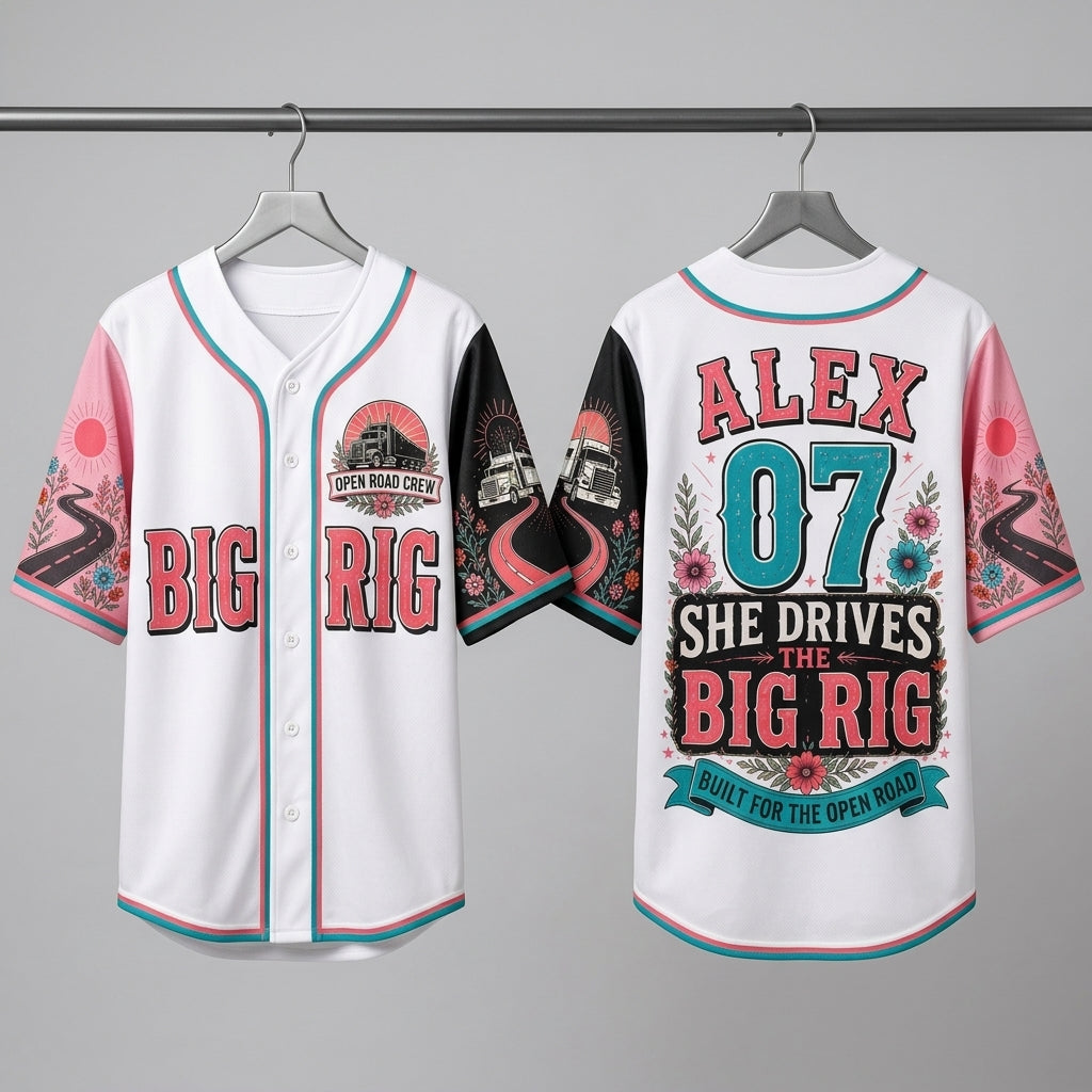 Personalized She Drives The Big Rig Baseball Jersey - Custom Name & Number Trucker Gift for Women