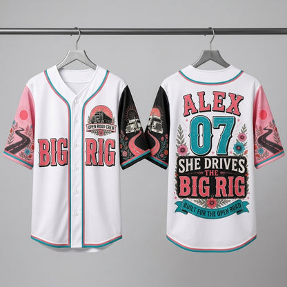 Personalized She Drives The Big Rig Baseball Jersey - Custom Name & Number Trucker Gift for Women