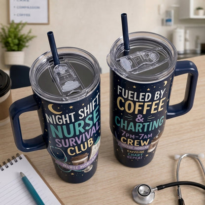 Personalized Night Shift Nurse Survival Club 40oz Tumbler with Handle - Custom Name Coffee and Charting Gift