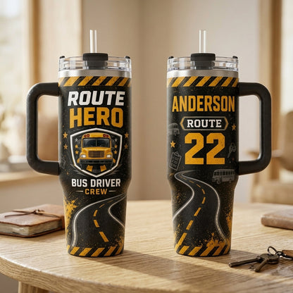 Personalized Route Hero Bus Driver 40oz Tumbler with Handle - Custom Name & Route Number Gift - 40oz tumbler mockup 2