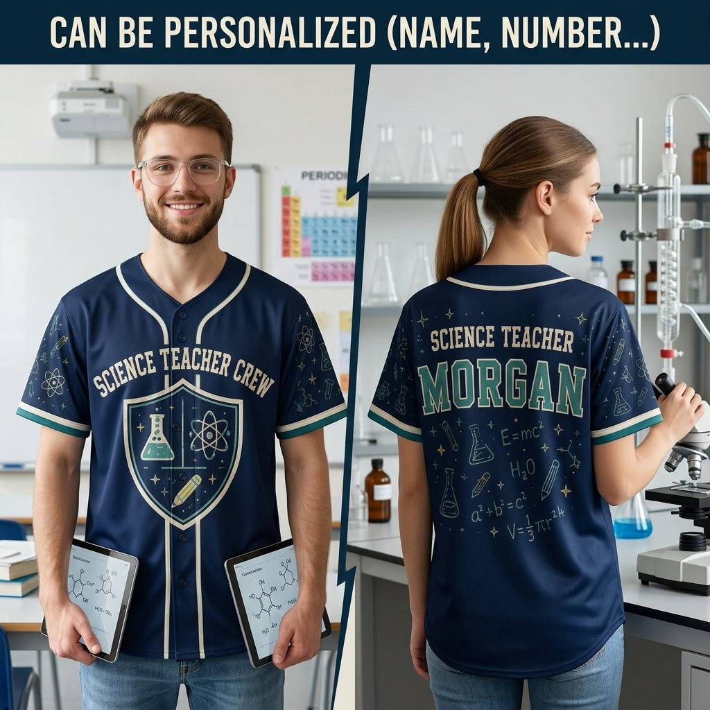 Personalized Science Teacher Crew Baseball Jersey - Custom Name STEM Educator Apparel