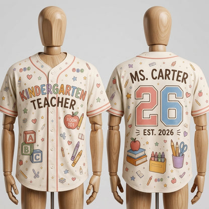 Personalized Kindergarten Teacher Baseball Jersey - Custom Name, Room Number & Year - Pastel School Supplies Shirt