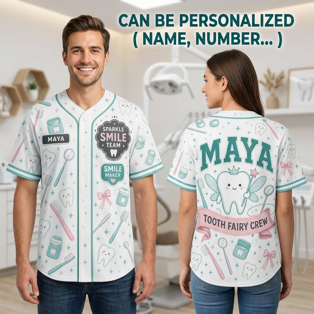Personalized Tooth Fairy Crew Baseball Jersey - Custom Name Dental Assistant & Hygienist Sparkle Smile Team Apparel