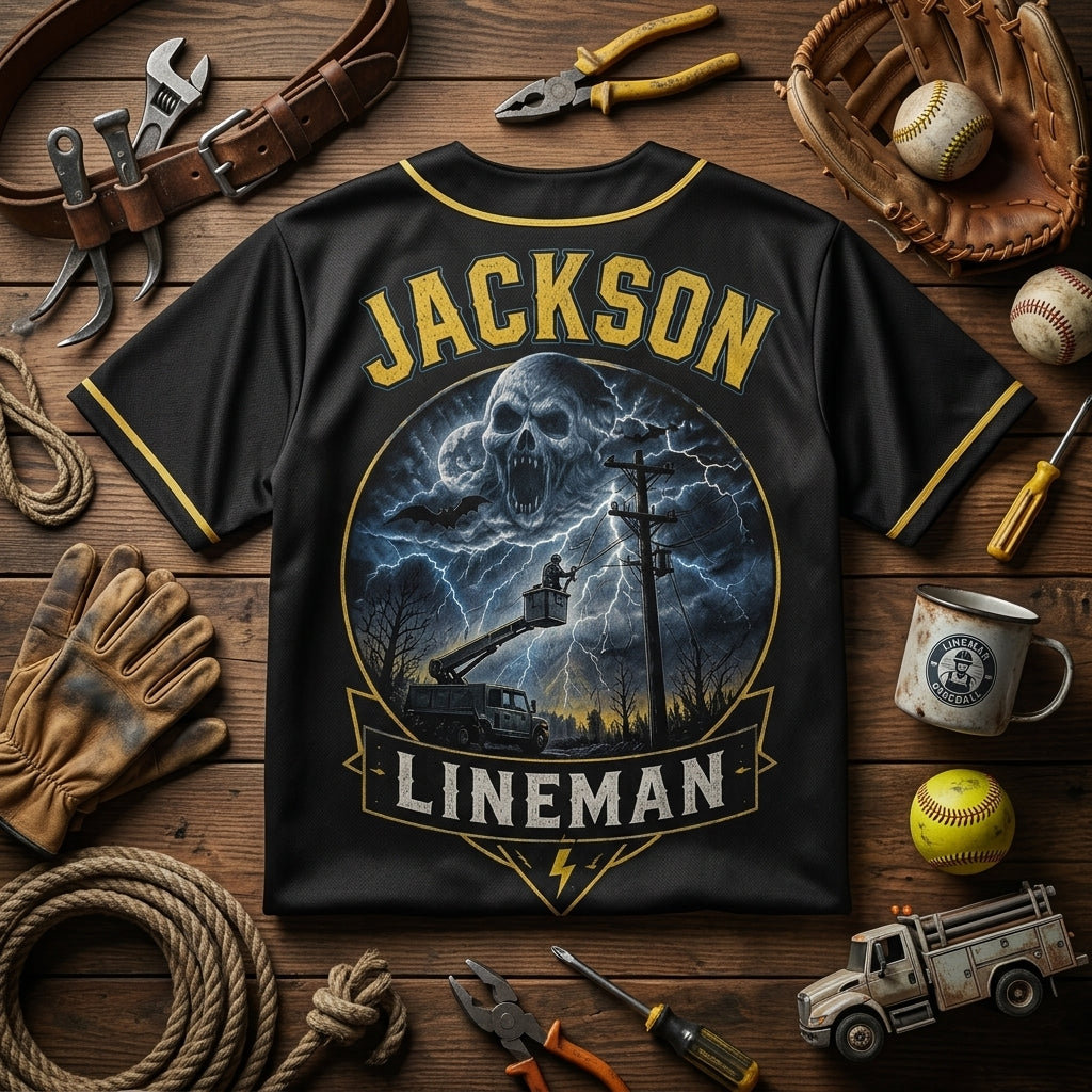 Personalized Haunted Storm Crew Lineman Baseball Jersey - Custom Name Utility Worker Gift