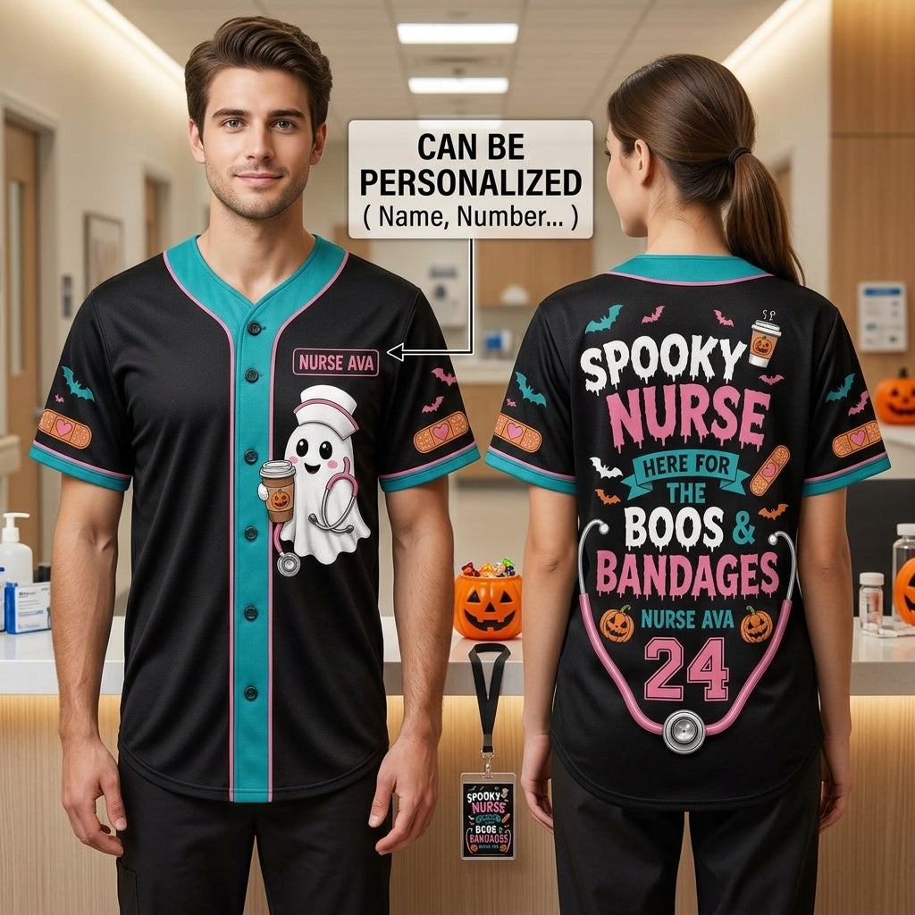 Personalized Spooky Nurse Baseball Jersey - Custom Name & Number Halloween Shirt - Here for the Boos and Bandages