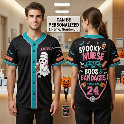 Personalized Spooky Nurse Baseball Jersey - Custom Name & Number Halloween Shirt - Here for the Boos and Bandages