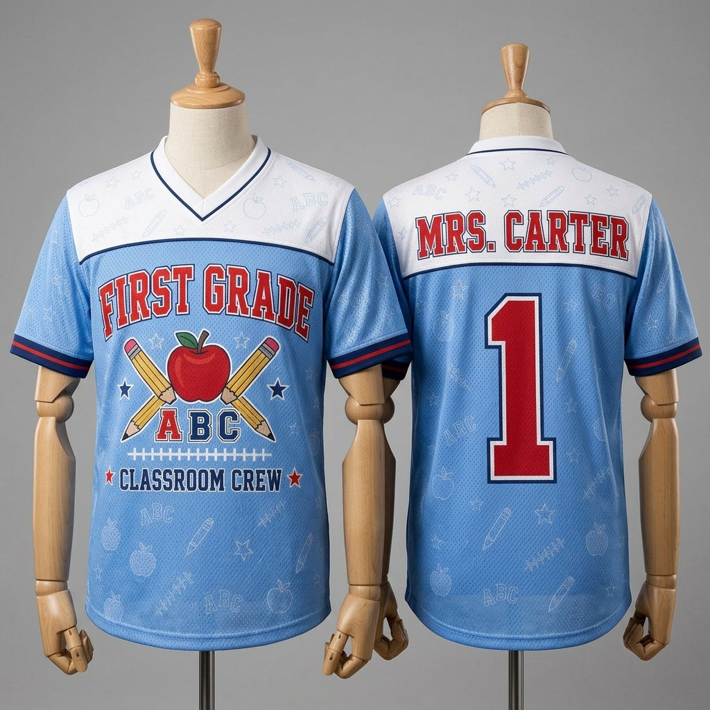 Personalized First Grade Classroom Crew Football Jersey - Custom Name Teacher Spirit Shirt
