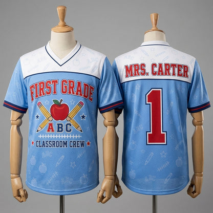 Personalized First Grade Classroom Crew Football Jersey - Custom Name Teacher Spirit Shirt