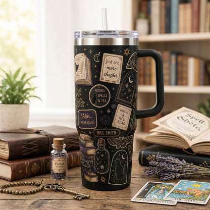Personalized Library Witch 40oz Tumbler with Handle, Custom Name Book Lover Gift, Dark Academia Witchy Gifts