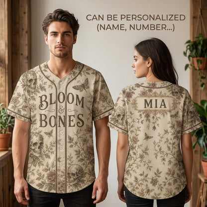 Personalized Bloom & Bones Vintage Gothic Skull and Floral Baseball Jersey - Custom Name Aesthetic Sportswear
