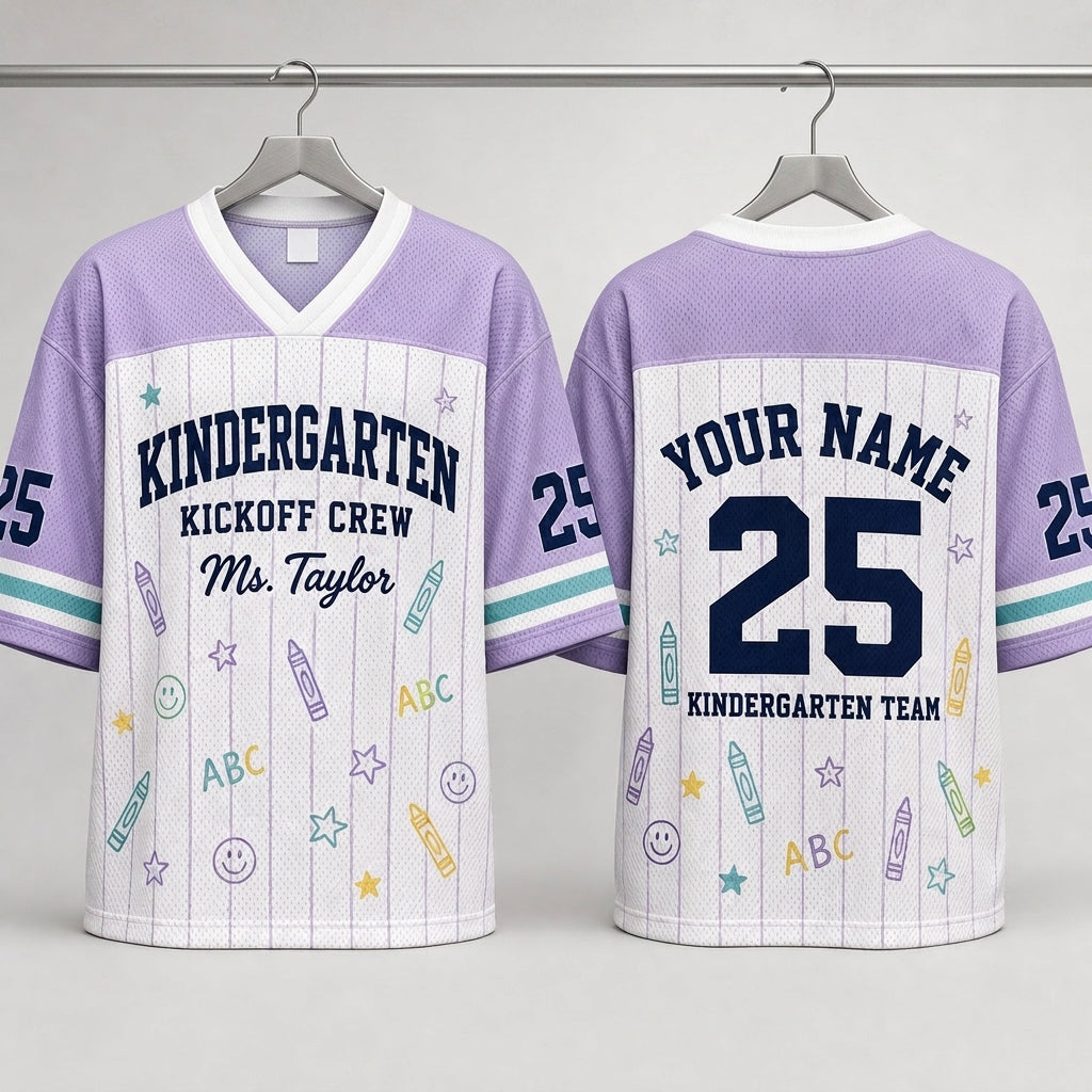 Personalized Kindergarten Kickoff Crew Football Jersey - Custom Teacher Name & Number Mesh Shirt