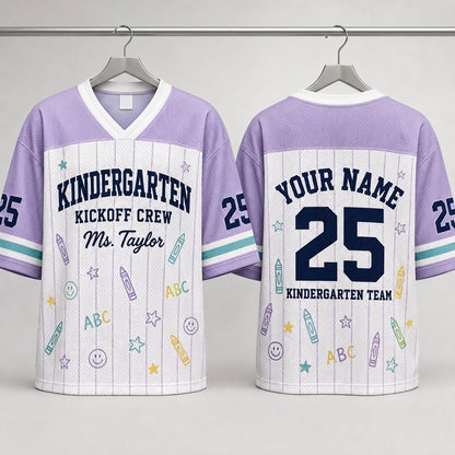 Personalized Kindergarten Kickoff Crew Football Jersey - Custom Teacher Name & Number Mesh Shirt