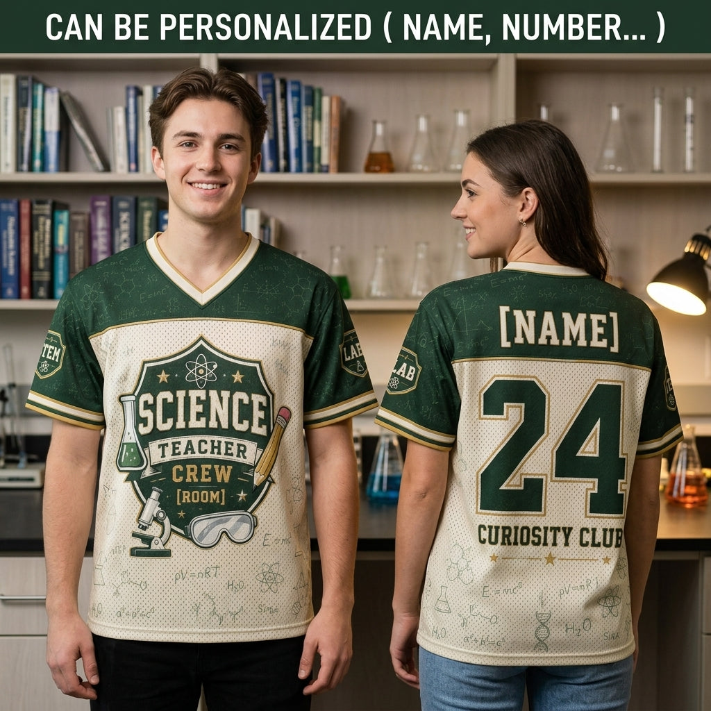Personalized Science Teacher Crew Football Jersey - Custom Name and Room Number STEM Lab Gift