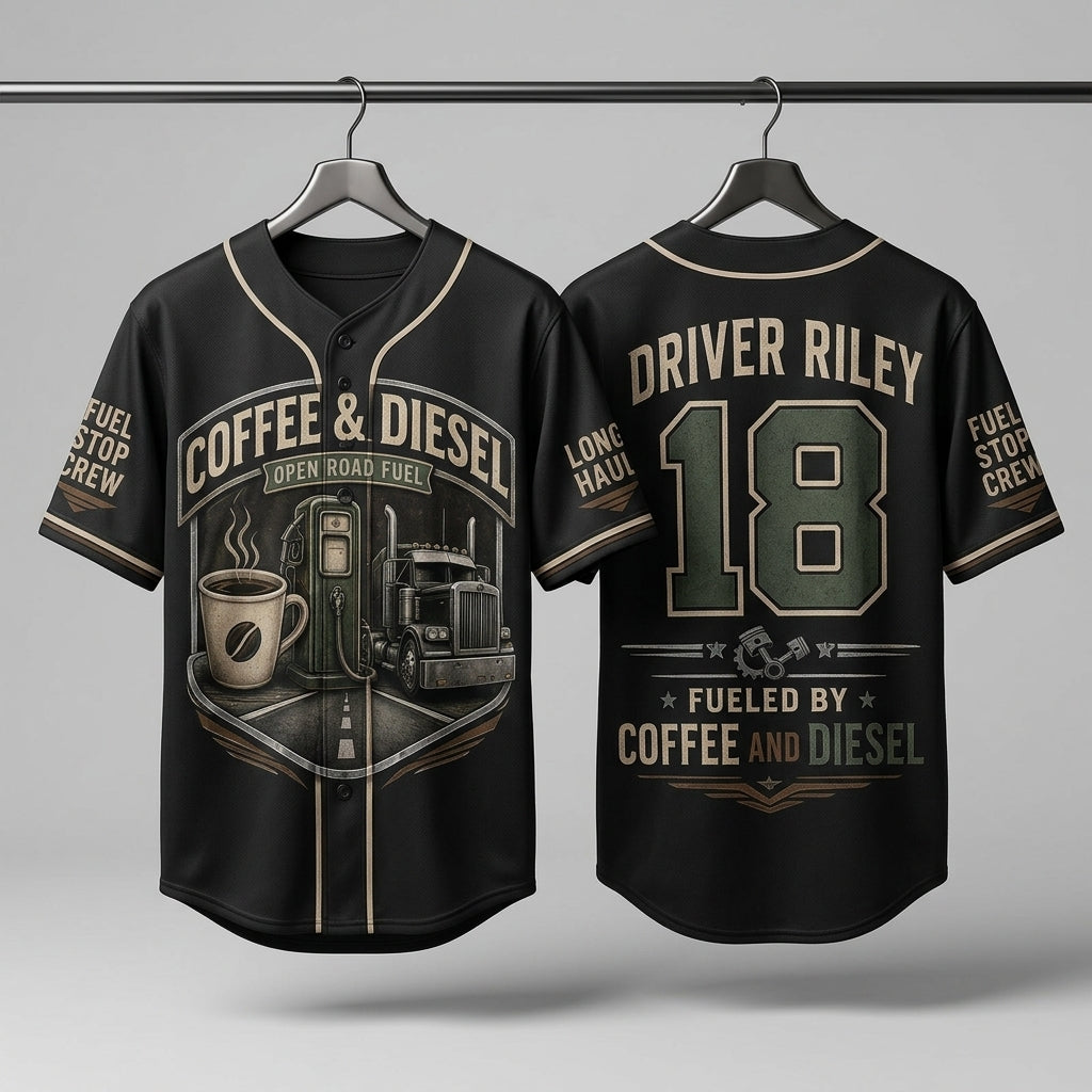 Personalized Coffee & Diesel Open Road Fuel Baseball Jersey - Custom Name and Number Trucker Gift