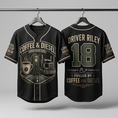 Personalized Coffee & Diesel Open Road Fuel Baseball Jersey - Custom Name and Number Trucker Gift