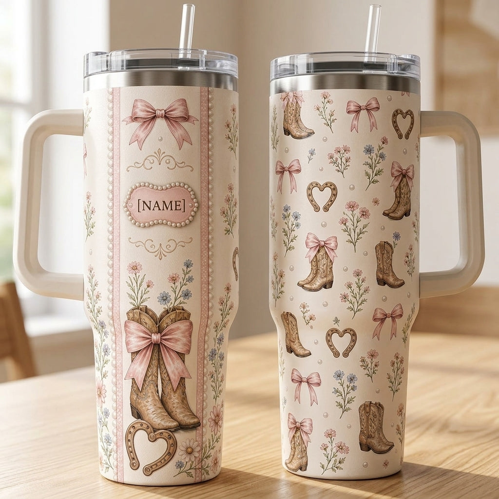 Personalized Pink Coquette Cowboy Boots 40oz Tumbler with Handle, Western Boho Floral Custom Name Travel Mug Gift