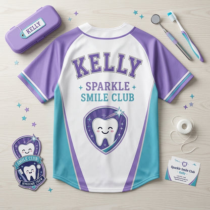 Personalized Dental Hygienist Baseball Jersey - Custom Name Sparkle Smile Club Hygiene Crew Sporty Shirt