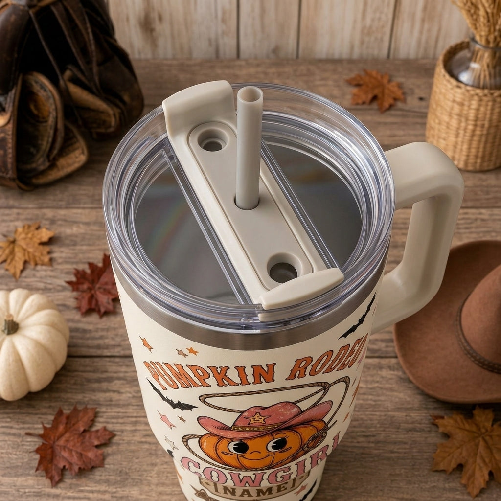 Personalized Pumpkin Rodeo Cowgirl 40oz Tumbler with Handle - Custom Name Western Halloween Gift