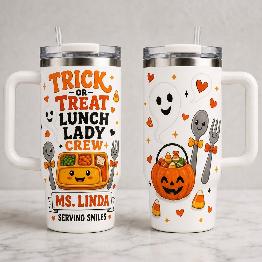 Personalized Trick or Treat Lunch Lady Crew 40oz Tumbler with Handle, Custom School Cafeteria Halloween Gift