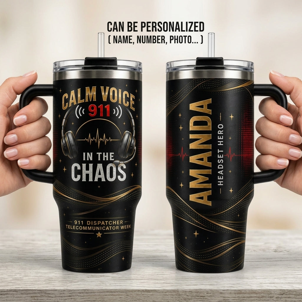 Personalized 911 Dispatcher 40oz Tumbler with Handle - Custom Headset Hero Calm Voice Gift