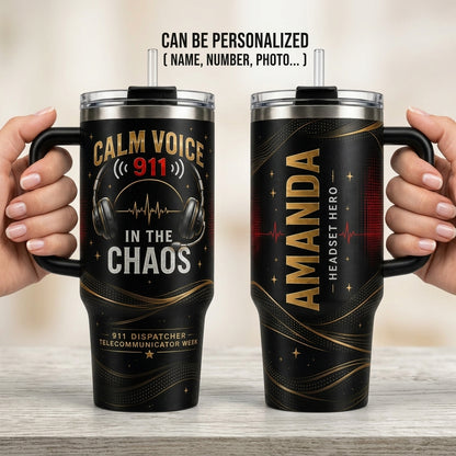 Personalized 911 Dispatcher 40oz Tumbler with Handle - Custom Headset Hero Calm Voice Gift