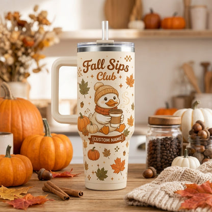 Personalized Fall Sips Club 40oz Tumbler with Handle, Custom Name Cute Duckling Autumn Coffee Cup