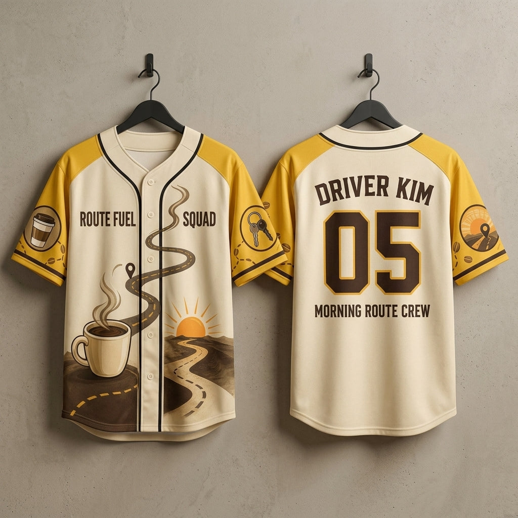 Personalized Route Fuel Squad Baseball Jersey - Custom Name & Number Morning Route Crew Coffee Shirt