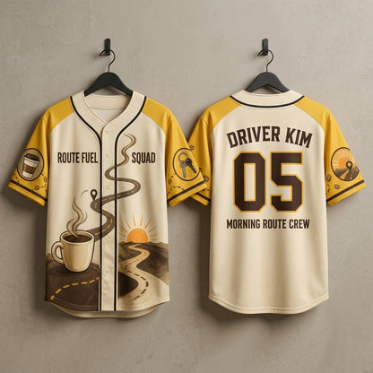 Personalized Route Fuel Squad Baseball Jersey - Custom Name & Number Morning Route Crew Coffee Shirt